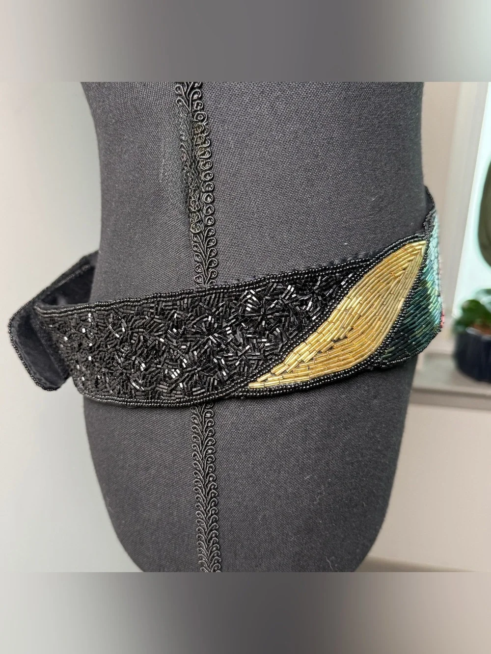 Vintage Beaded Wide Waist Belt Multicolor Bugle Bead Cincher 80s Maximalist L